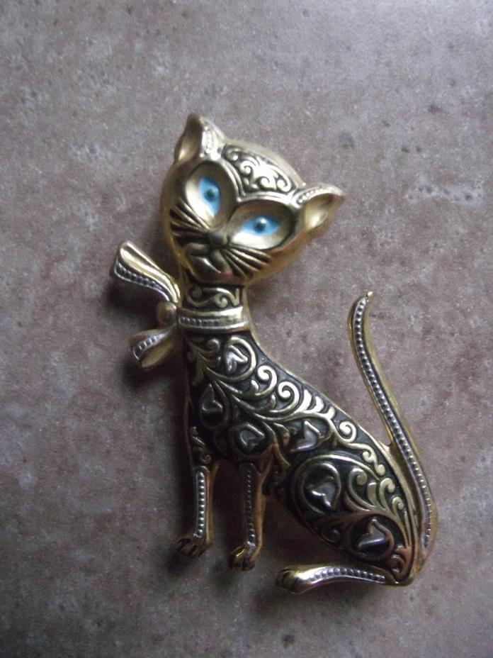 Vintage Spain (Marked) Enamel Motif Egyptian Beautiful Cat Gold Tone Brooch Pin