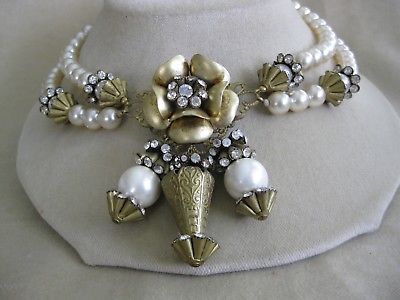 Vintage Ornate Goldtone Crystal Flower on Double Strand of Pearls Necklace