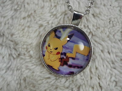 Silvertone Pokemon Pikachu Glass Pendant Necklace (C25)