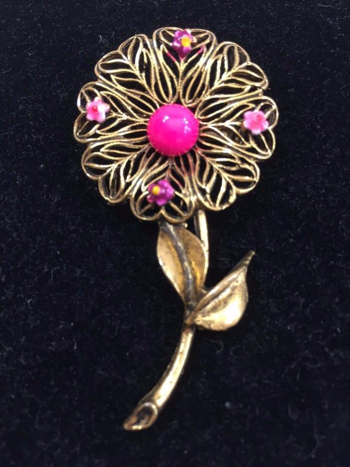 Ladies Brooch Lapel Pin Goldtone w/ Pink Flowers Fashion Accessory Jewelry 1799F