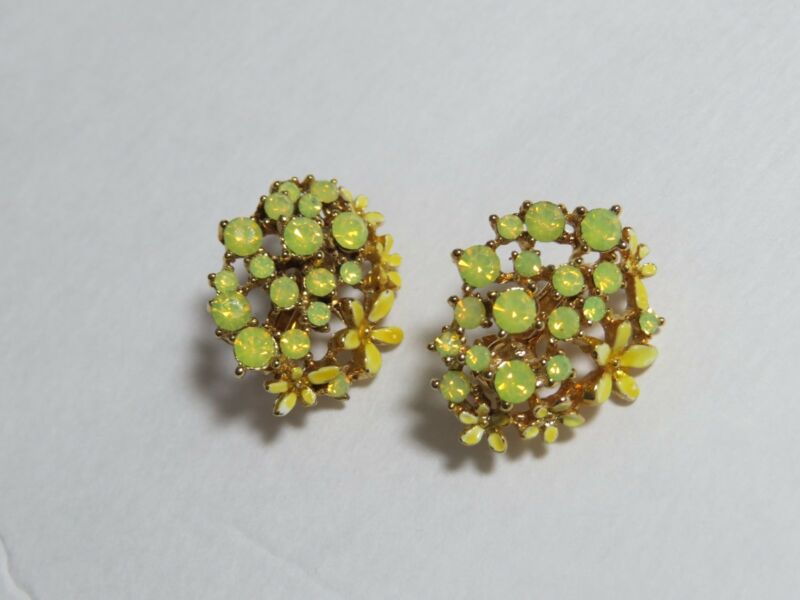 Gold Tone - Vintage Clip on Yellow Flower & Faux Pale Green Stone Earrings