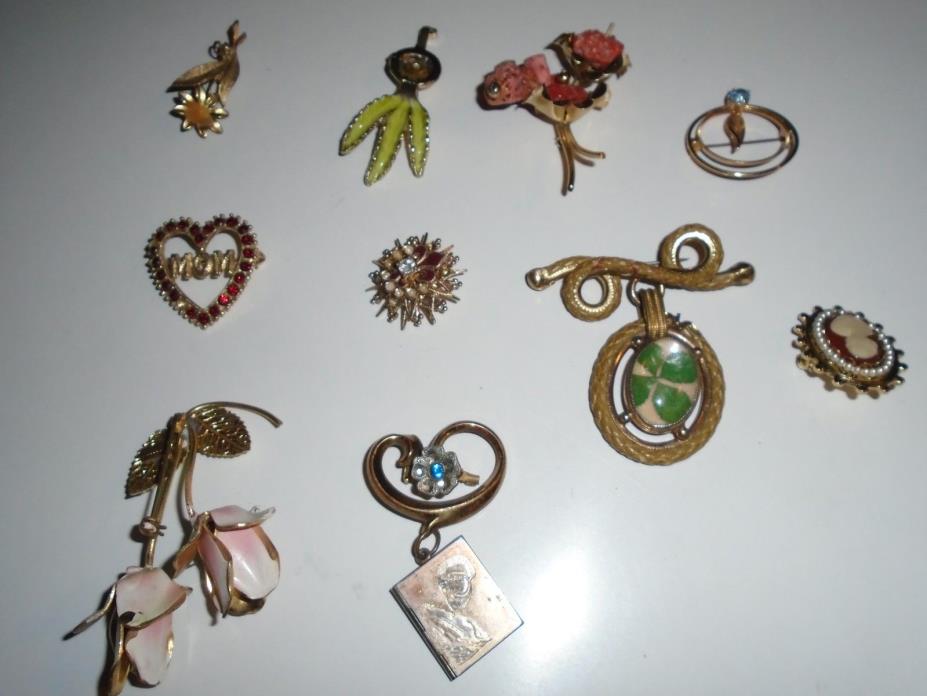 Lot Of 10 Women's Vintage Brooches And Pins gold color free shipping bin 06