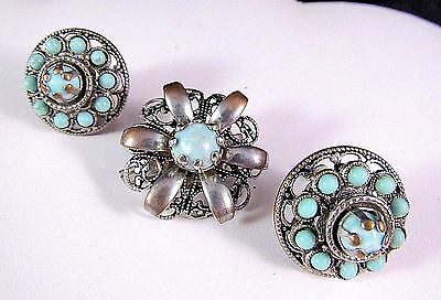 SALE Vintage Screw Type Earrings Matching Brooch/Pin Turquoise Silver Tone