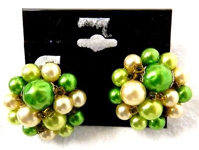 Japan Clip On Back Earrings Round Flower Cluster Gold Green Pearl Vintage