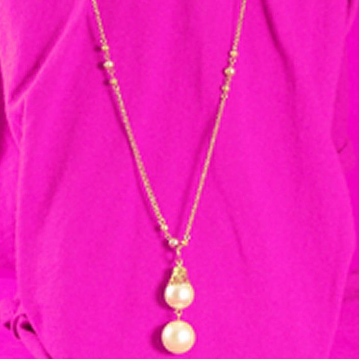 Vintage Necklace Double Faux Pearl Pendant Bead Goldtone Long Chain Flapper 28