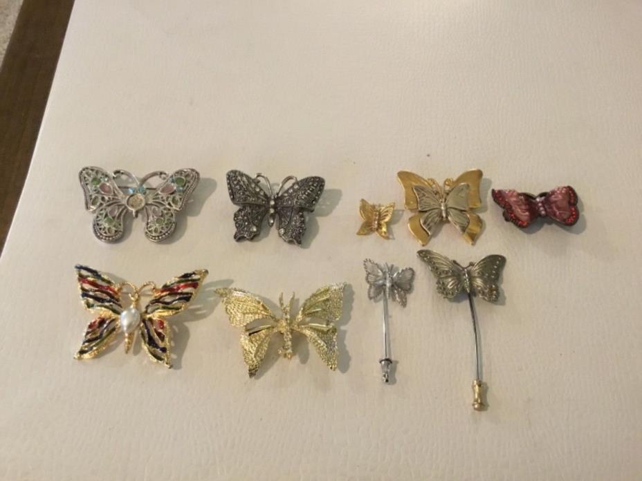 LOT OF 9 BUTTERFLY PINS BROOCHES STONES ENAMEL