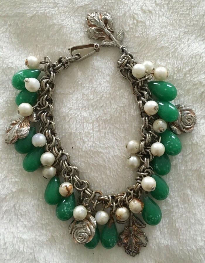 Vintage Charm Bracelet w/ Faux Pearls, Metal Leaves, Flowers & Green Glass Drops
