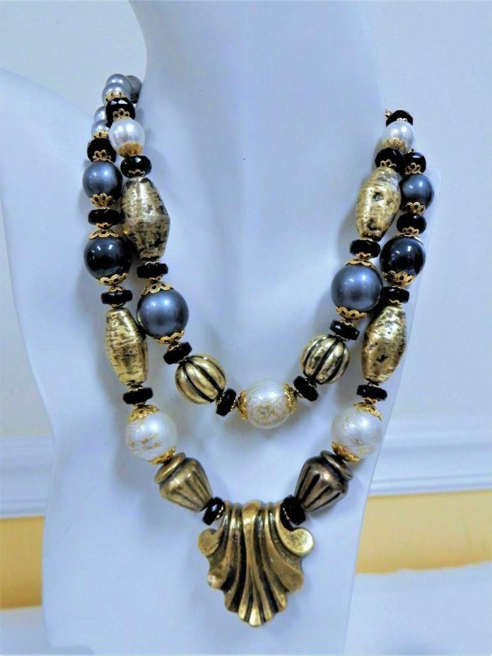 VTG NOUVEAU DECOR - ACRYLIC/ BRASS/ GOLD PLATED DOUBLE STRANDS NECKLACE