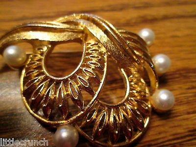 VINTAGE GOLD PLATE FAUX PEARL PIN BROOCH VERY PRETTY COSTUME JEWELRY LOT #H