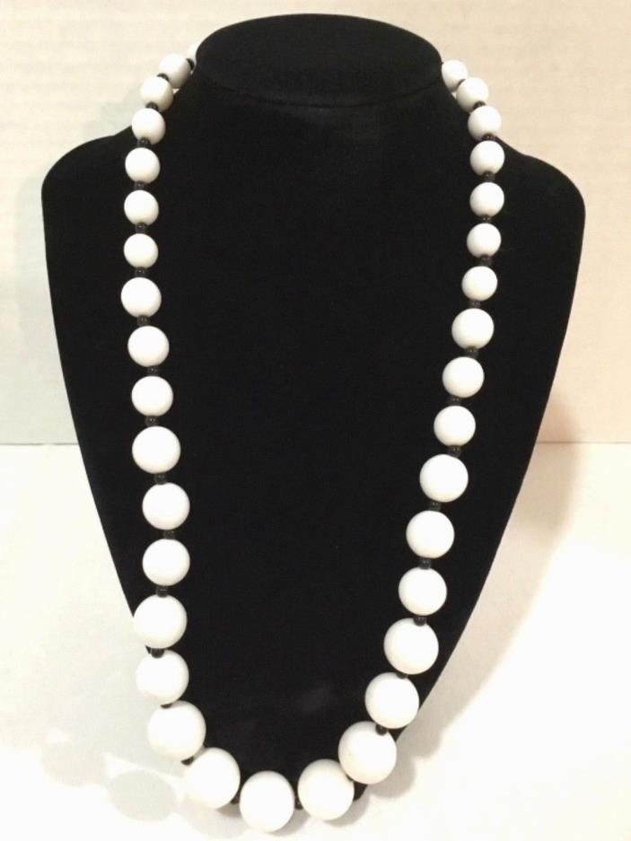 Vintage White And Black Plastic Beaded Necklace Small And Large Beads 24”