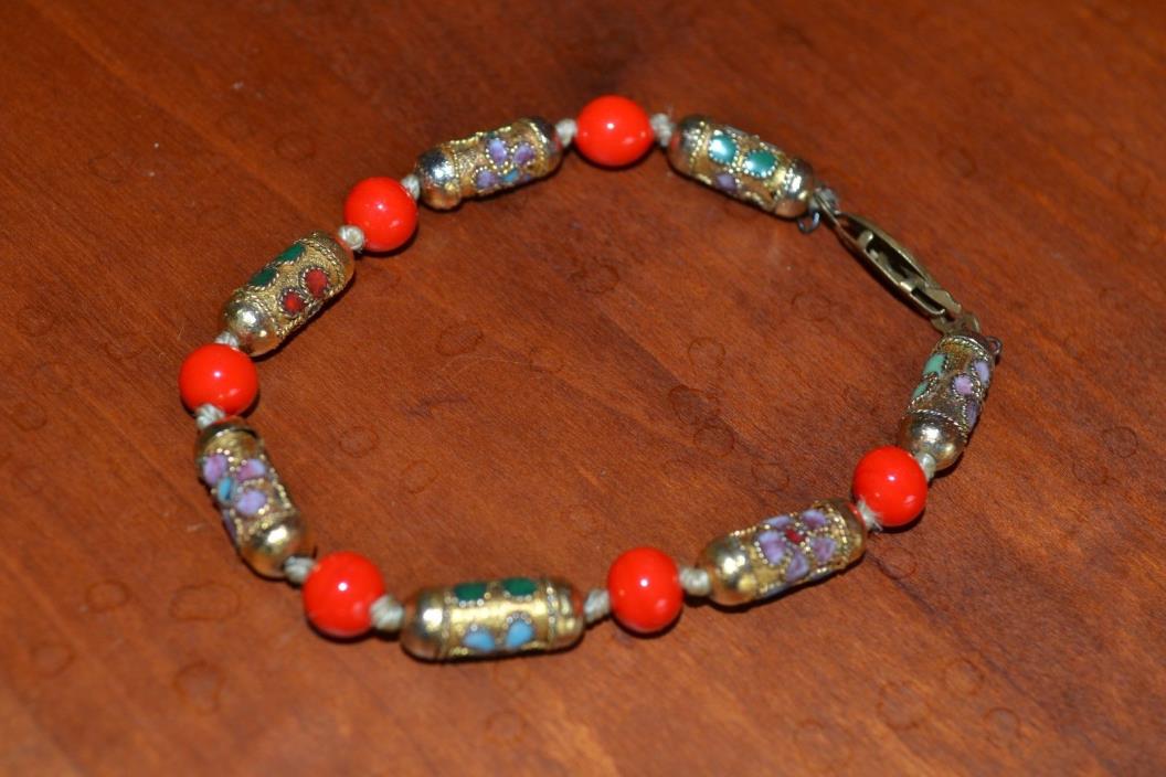 Vintage Bracelet w/Gold Enamel Beads and red glass beads hand knotted