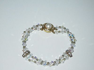 Layered Rhinestone Crystal Bracelet Gold Tone Aurora Borealis Imitation Pearl