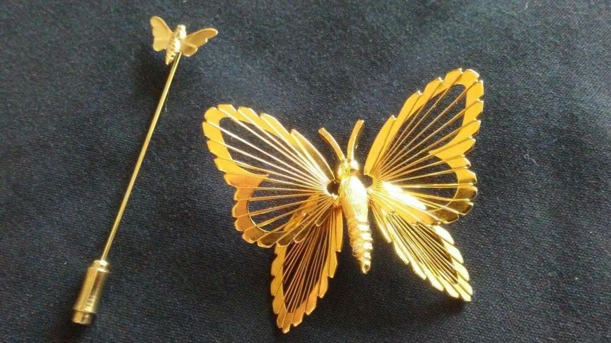A Butterfly Gold Tone Monet with Butterfly Stick Pin 10K GF Vintage