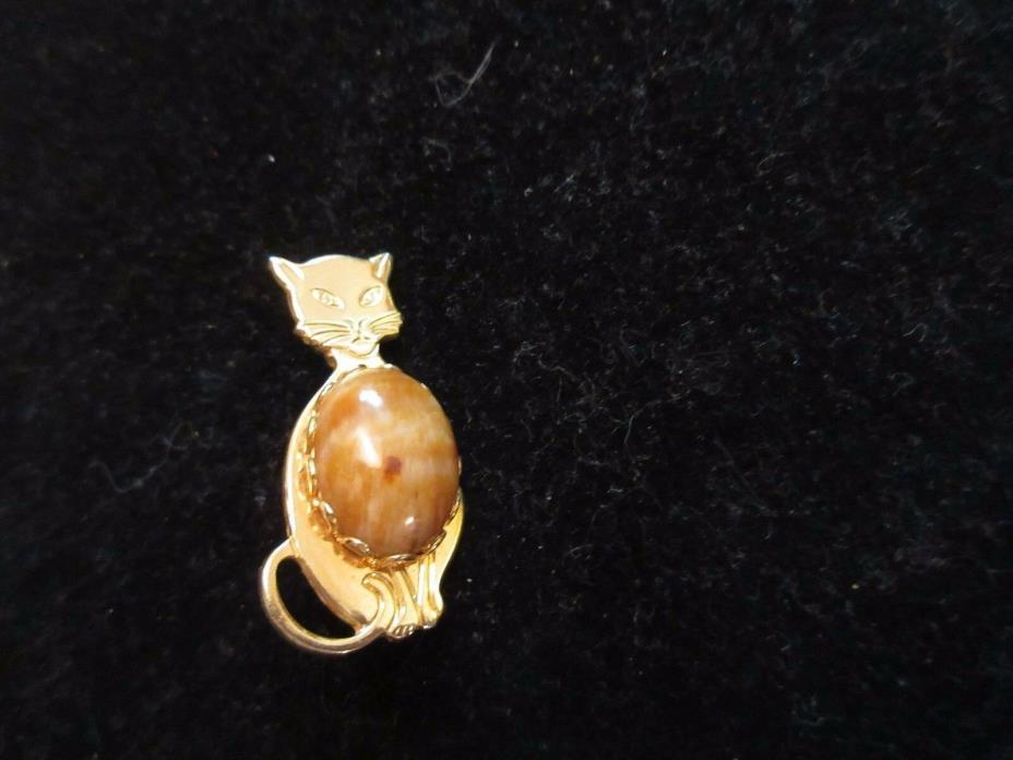 Pin Brooch Serious Cat Stone Rock Marble Vintage Antique Gold Tone Estate CHIC
