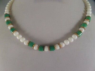 Vintage Green Glass and White Plastic Choker Necklace  M1