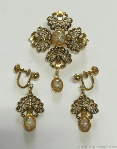 Costume Jewelry D'Or Opal Pendant & Earring Set Gold Fill