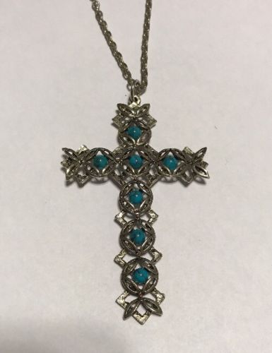 Vintage Large Cross Pendant Faux Turquoise Silvertone  3 1/4” With 24” Chain
