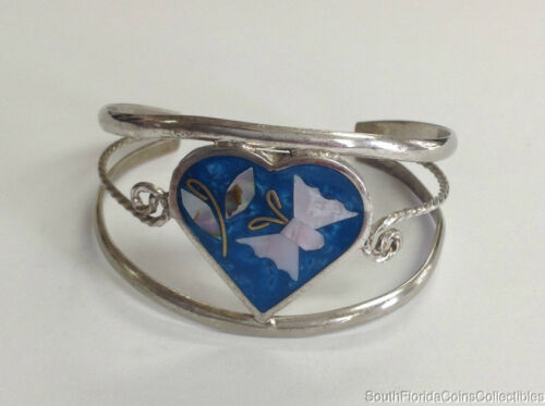Estate Jewelry Abalone Enamel Butterfly Bangle Bracelet Silver Color 6.5