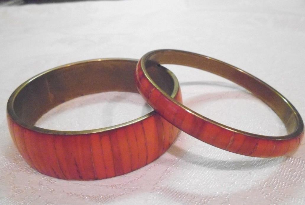 Vintage Brass Bangle Bracelet Set With Orange Inlay-Lot of 2