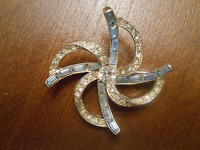 Vintage Silver Tone Pinwheel Pin, Brooch, Clear / Light Blue Stones