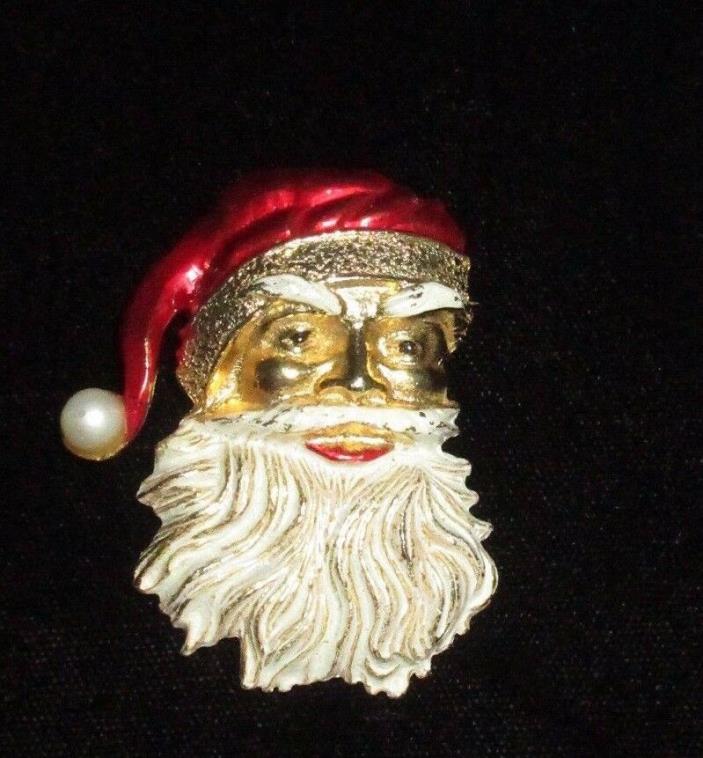 Holiday Pin Brooch Gold Tone Christmas Santa Clause Face Red White Vintage Party