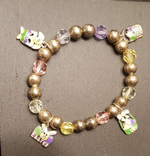 Vintage Easter Egg Basket Bunny Enamel Pastel Charm Silver Tone Spring Bracelet
