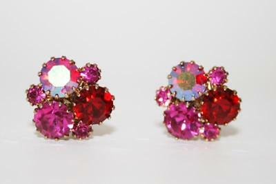 Vintage Sparkling Pink Red Crystal Cluster Clip Earrings J152