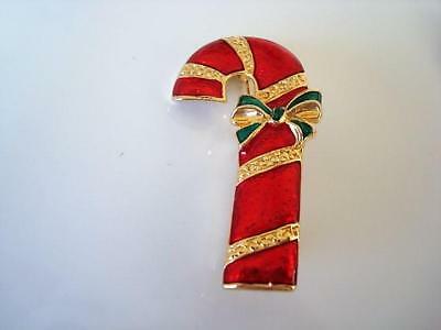 Gold Tone With Red and Green Enamel Candy Cane Christmas Pin Holiday Brooch