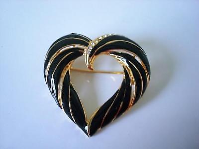 Gold Tone and Black Enamel Heart Pin Brooch With Clear Rhinestones