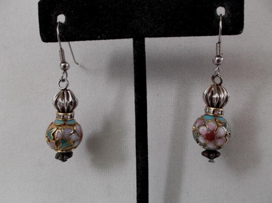 Floral design cloisonne bead pierced earrings