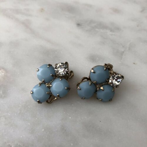Vintage Cluster Jeweled Costume Clip On Earrings Blue Silver Toned