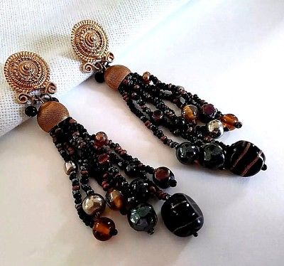 Goldtone and black and amber glass beads statement dangle boho pierced earrings