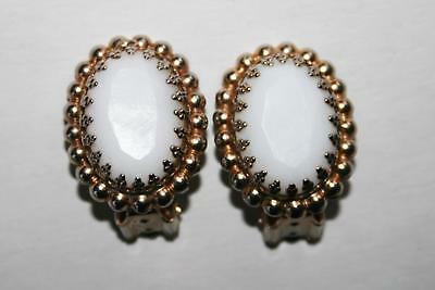 Vintage Oval Milk Glass Gold Tone Clip Earrings J252