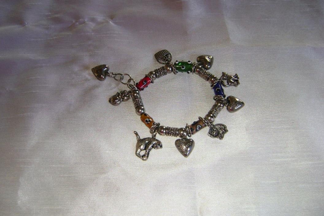 Silver Beaded Charm Bracelet Cats and Hearts Elastic Band