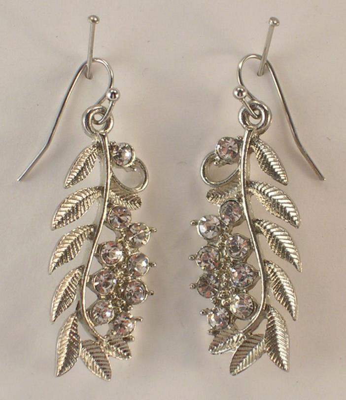 Silver Colored Metal Leaves & Rhinestones Dangle Style Pierced Earrings Elegant