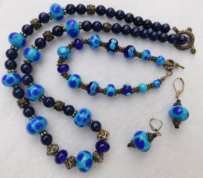 Necklace, Bracelet, Pair Earrings, Set Some Glass Beads, Dark, Light Blue, Polka