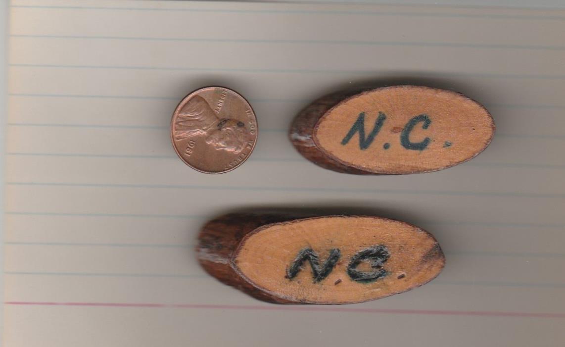 UNIQUE WOODEN PINBACK PINS.INITIALS N.C. OLD WOOD SLAB BROOCH,BADGE,RARE LOT