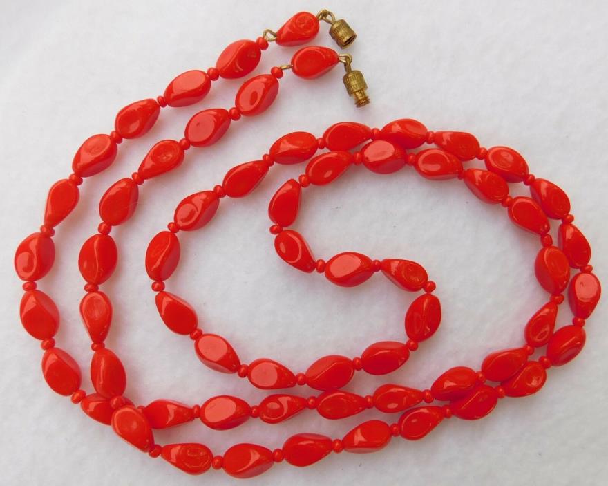 Necklace, Red / Orange Glass Beads 32-34