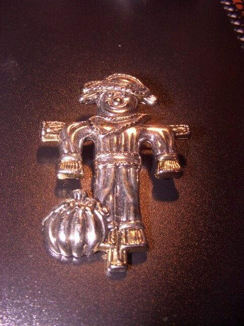 Vintage Scarecrow With Pumpkin Silver & Gold Tone Brooch/Pin - Pendant Signed Be