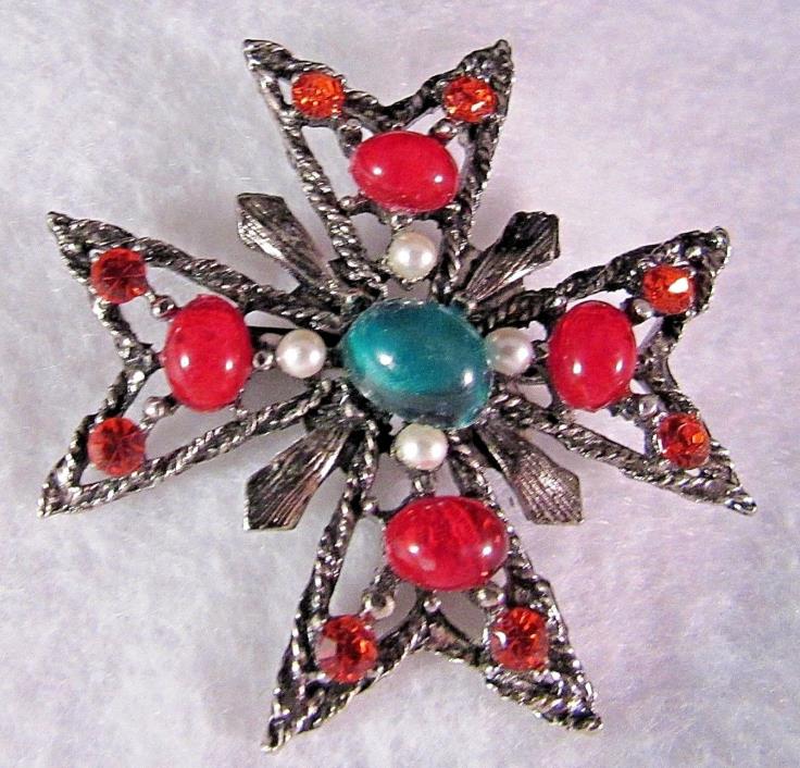 Vintage Brooch Red Rhinestones Green Red Acrylic Faux Pearls Silver Tone