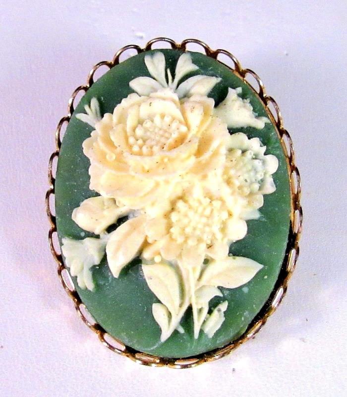 Cameo Brooch/Pin Green with White Raised Flowers Gold Tone 1 1/4 x 1 1/2 Inches
