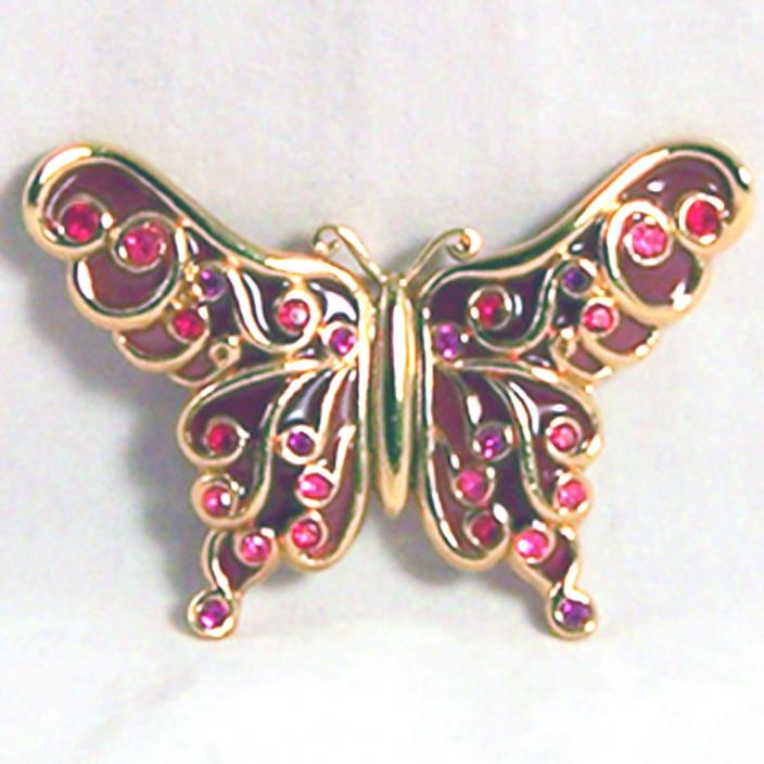 Vintage Butterfly Pin Purple Enamel Pink Red Rhinestones Goldtone Brooch