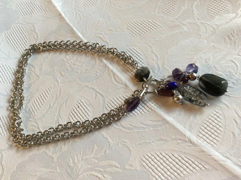 Vintage Shades of Amethyst Dangling Glass Stones Cluster Toggle Necklace