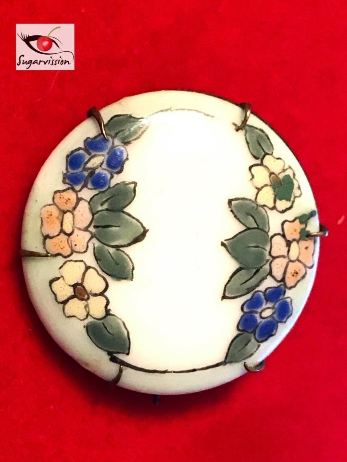 Antique Porcelain Flower Paint Brooch Pin