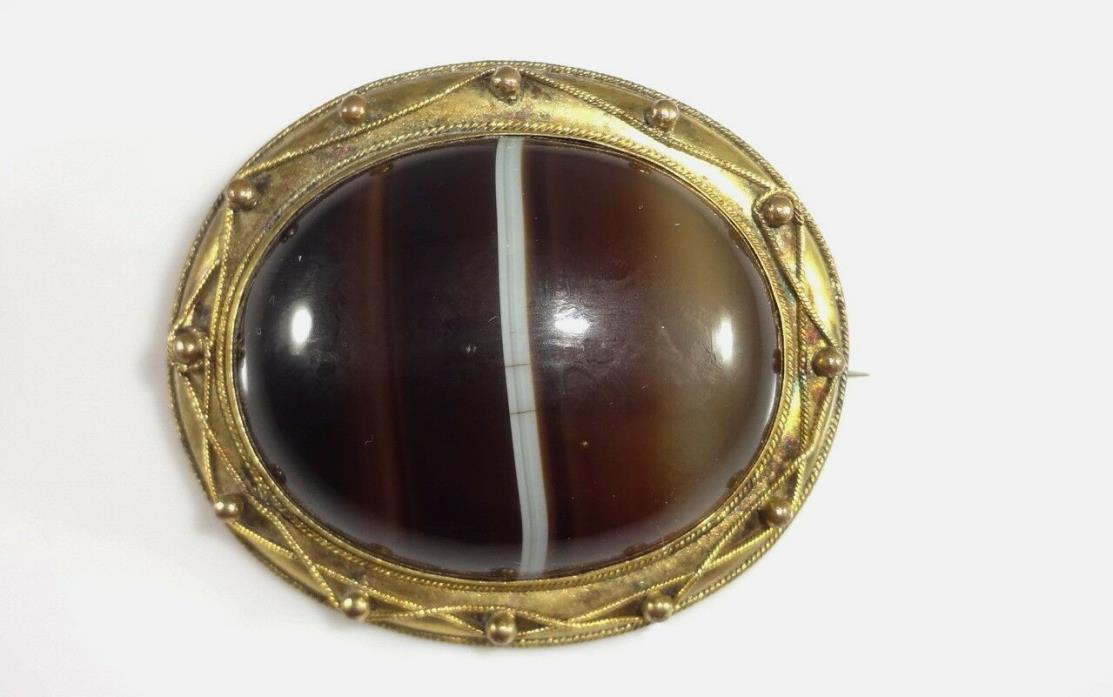 Antique Large Oval Banded Agate Gilt Metal Etruscan Brooch Pin