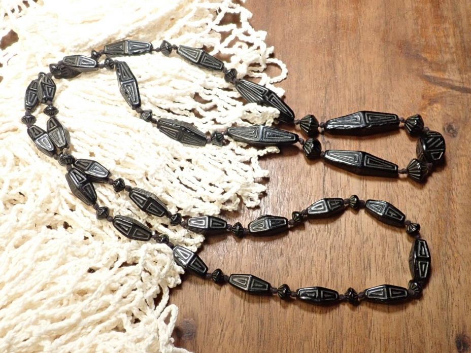 Antique Victorian Bog Oak Mourning Necklace~Hand Carved & Double Knotted~ca1880