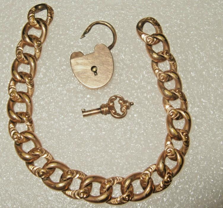 Antique Victorian Rose Gold Filled Ornate Heart Padlock w Key Chain Bracelet