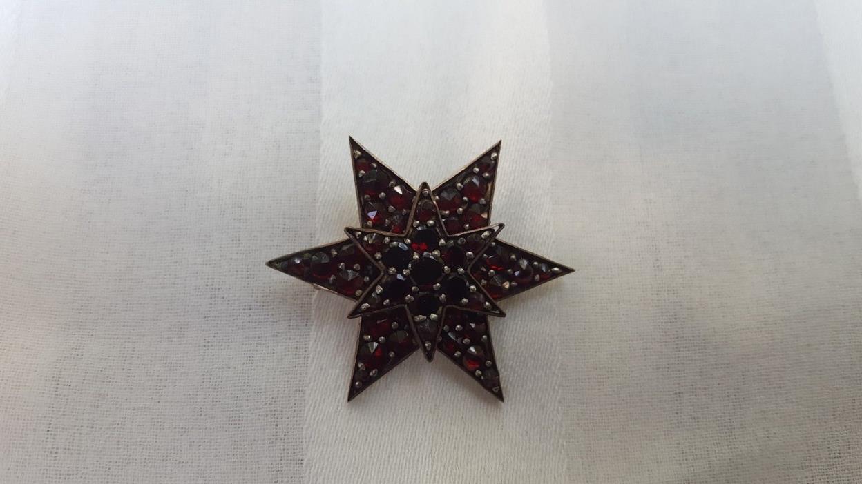 Antique Victorian Bohemian Garnet Star Brooch C Clasp Pin