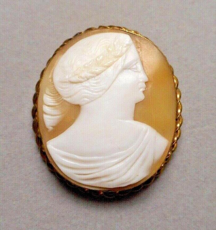 Antique Victorian G-F Brooch Pin w/ Naive Carved Shell Cameo - Classical Profile