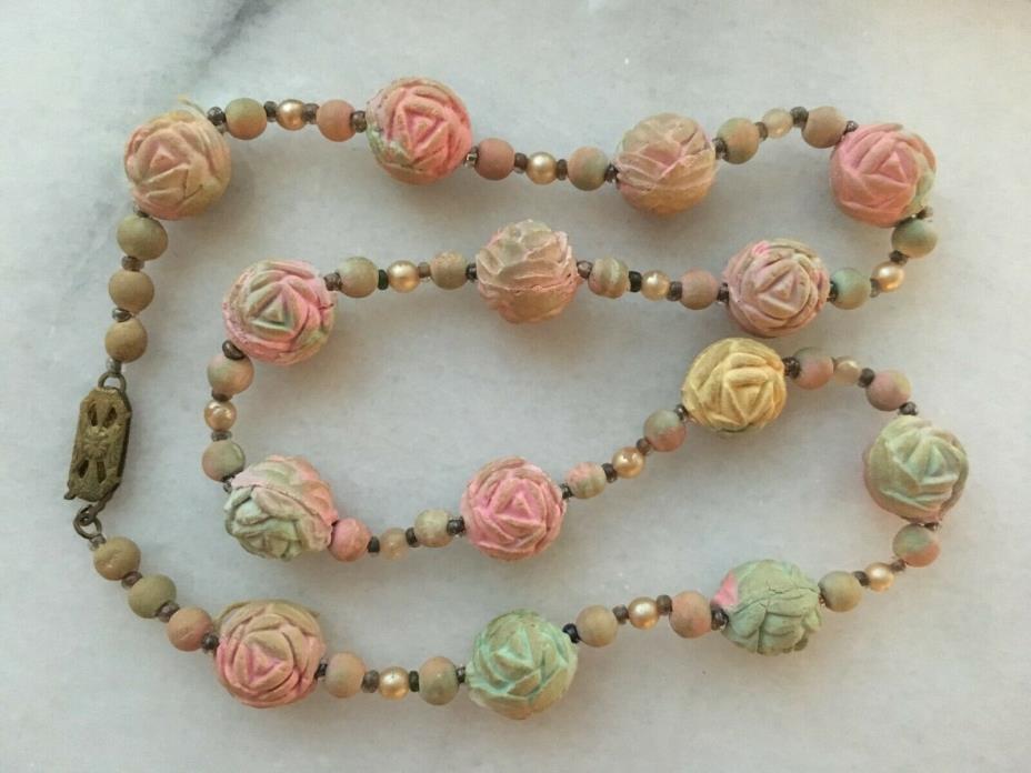Vintage Antique California Beads Necklace w Box Pastel Rose Colors Handmade WOW!